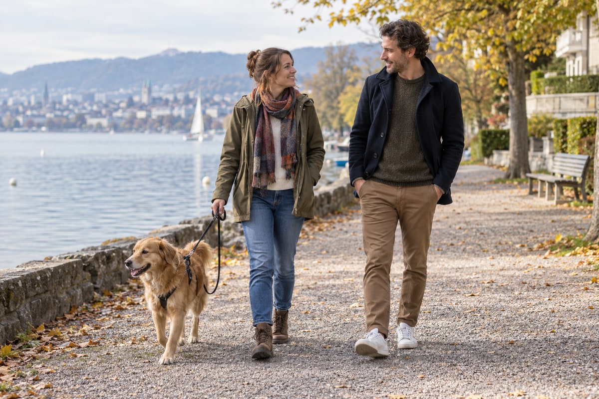 KI-generiertes Symbolbild: Zwei Menschen gehen mit Abstand neben einem angeleinten Hund spazieren.