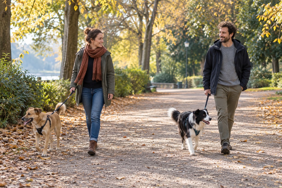 KI-generiertes Symbolbild: Zwei Menschen gehen mit je einem angeleinten Hund und seitlichem Abstand auf einem breiten Parkweg.