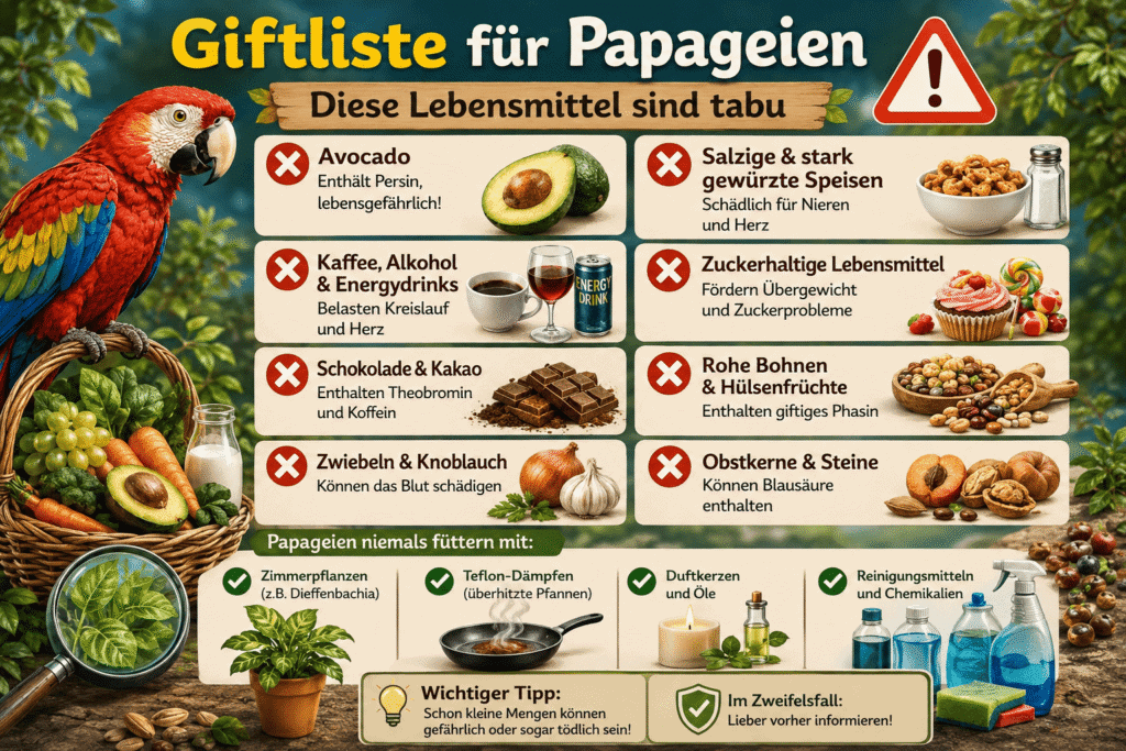 Infografik: Giftliste – Lebensmittel, die für Papageien tabu sind