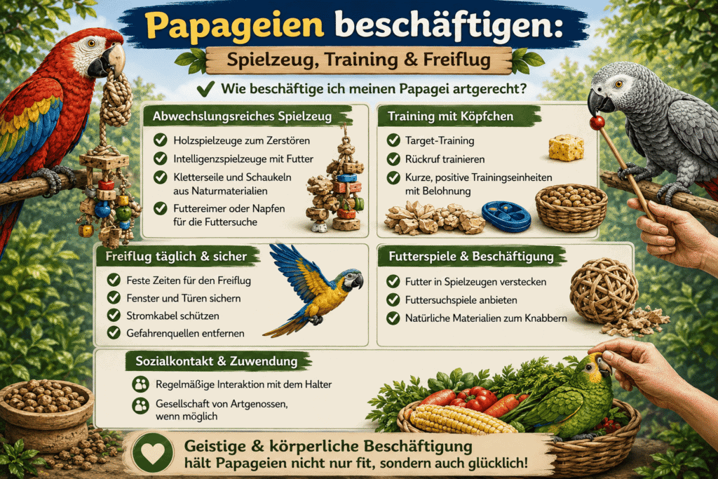 Infografik: Papageien beschäftigen mit Spielzeug, Training und Freiflug