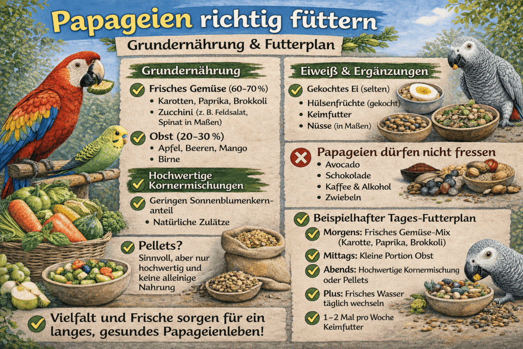 Infografik: Grundernährung und Futterplan für Papageien