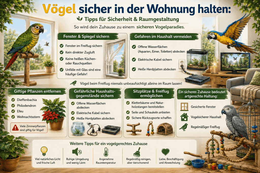 Infografik: Vögel sicher in der Wohnung halten – Tipps zu Sicherheit und Raumgestaltung