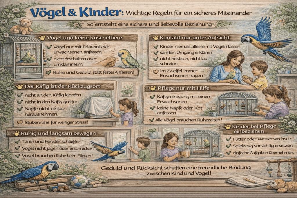 Infografik: Regeln für ein sicheres Miteinander von Vögeln und Kindern