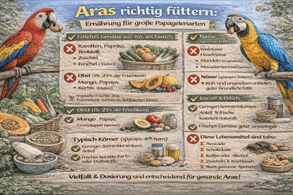Infografik: Aras richtig füttern – Ernährung für große Papageienarten
