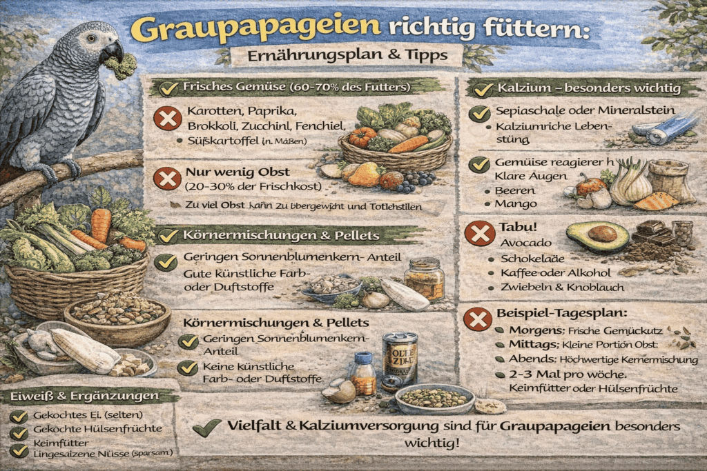 Infografik: Ernährungsplan und Tipps für Graupapageien