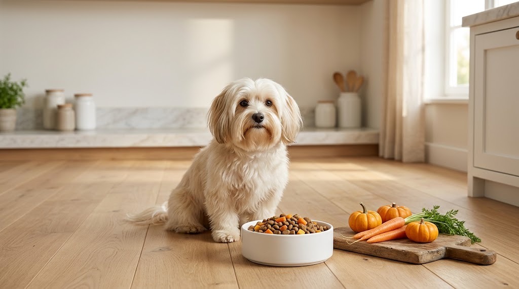 Havaneser neben einem Napf mit ausgewogenem Hundefutter