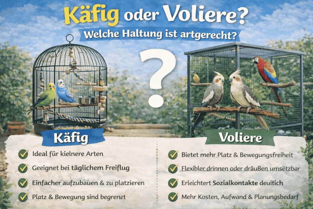 Infografik: Käfig oder Voliere – Vor- und Nachteile im Vergleich