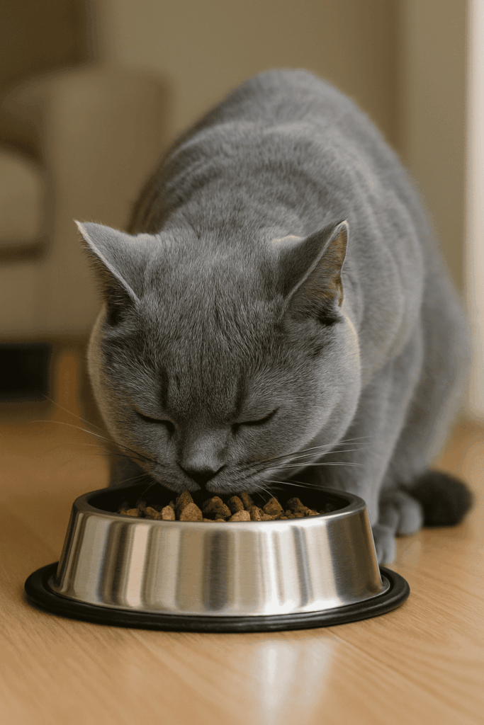 Kartäuser-Katze frisst aus einem Napf