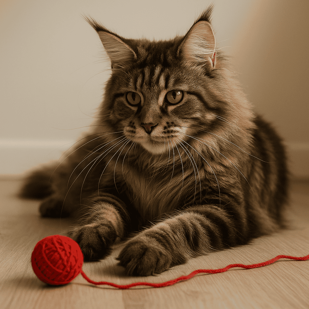Maine Coon ligt naast een rode bol wol