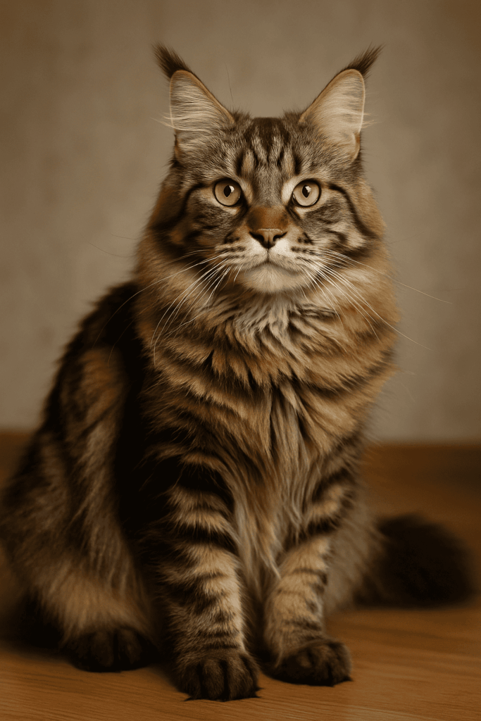 Maine Coon met een lange, gestreepte vacht zit op de grond