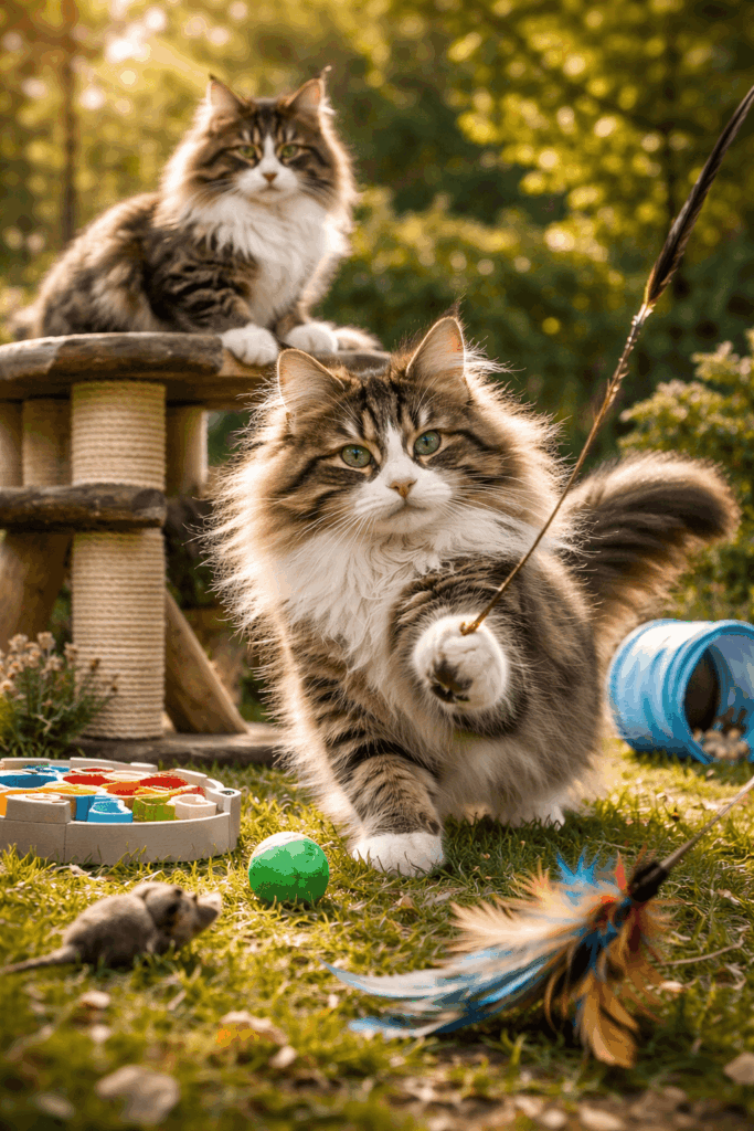 Zwei Norwegische Waldkatzen spielen im Garten