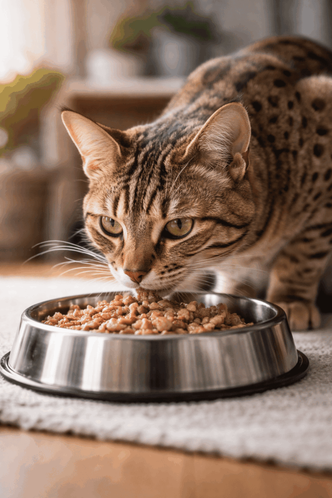 Ocicat frisst aus einem Edelstahlnapf