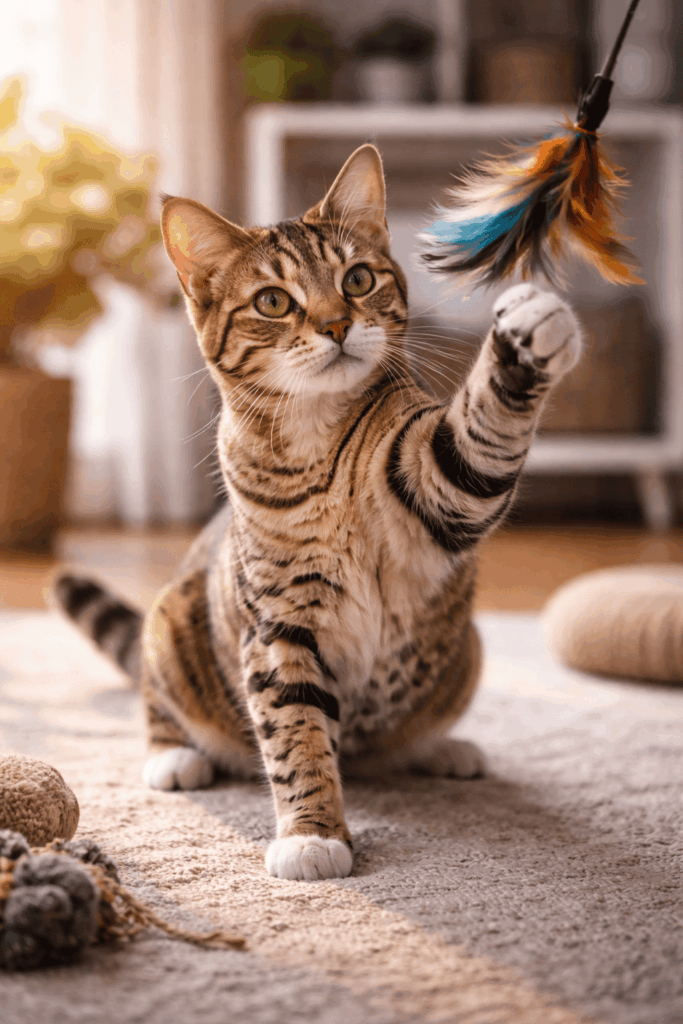 Ocicat spielt mit einer Federangel