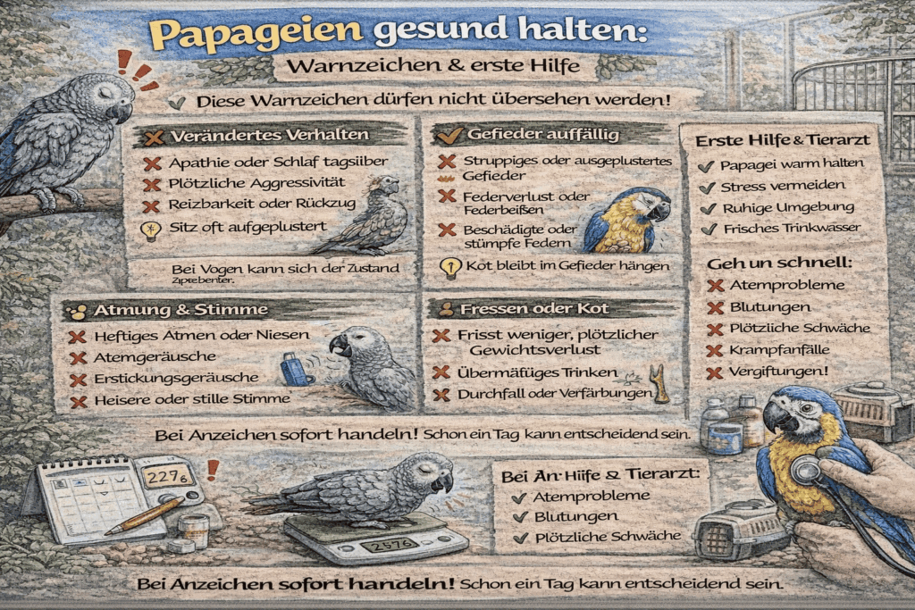 Infografik: Warnzeichen und erste Hilfe bei Papageien