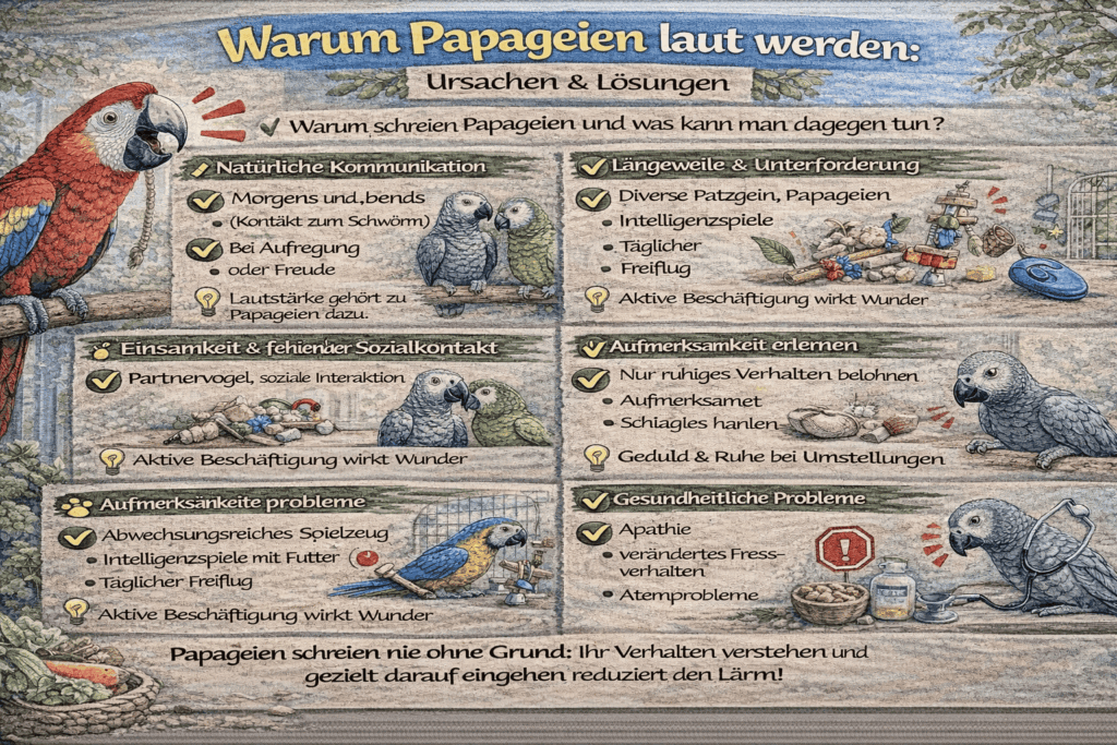 Infografik: Warum Papageien laut werden – Ursachen und Lösungen