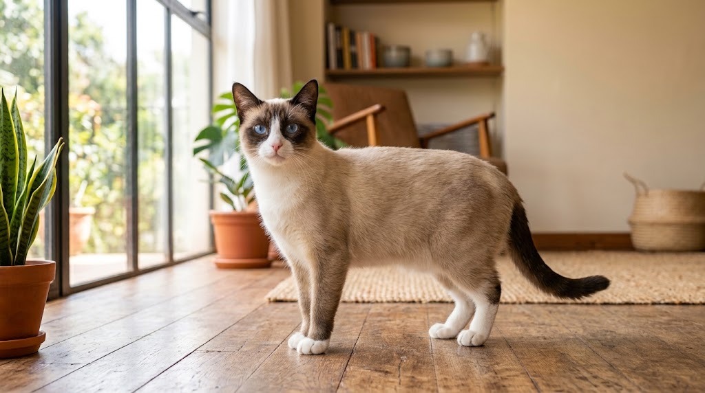 Snowshoe-Katze mit blauen Augen und weißen Pfoten