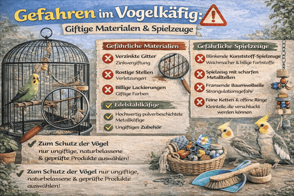 Infografik: Giftige Materialien und Spielzeuge im Vogelkäfig