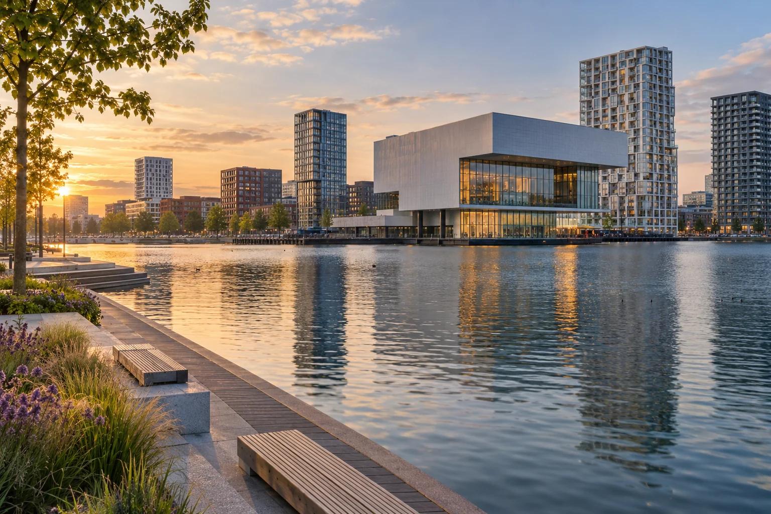 AI-gegenereerde stadsimpressie van Almere met de Kunstlinie aan het Weerwater