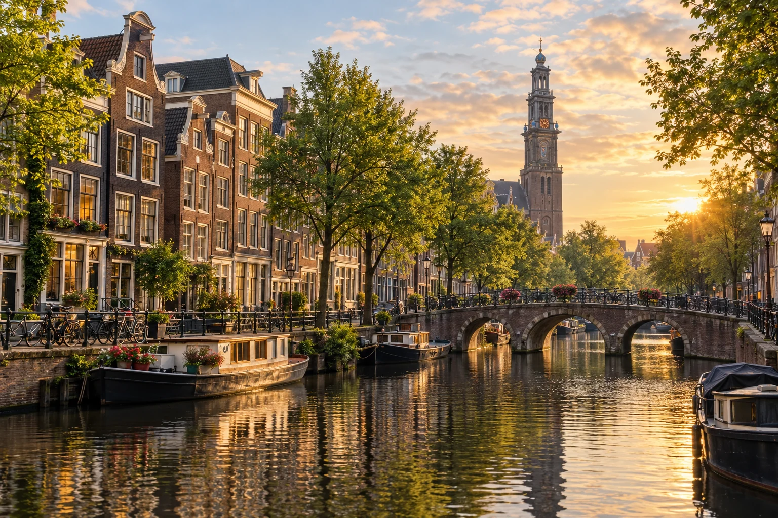 AI-gegenereerde stadsimpressie van Amsterdam met grachten en de Westerkerk