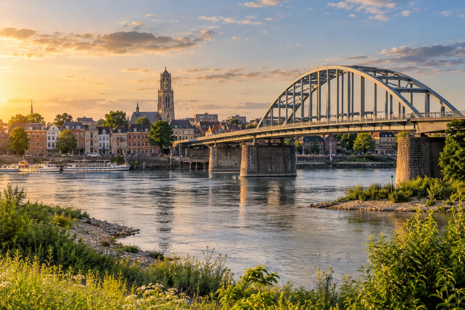 AI-gegenereerde stadsimpressie van Arnhem met de John Frostbrug over de Rijn