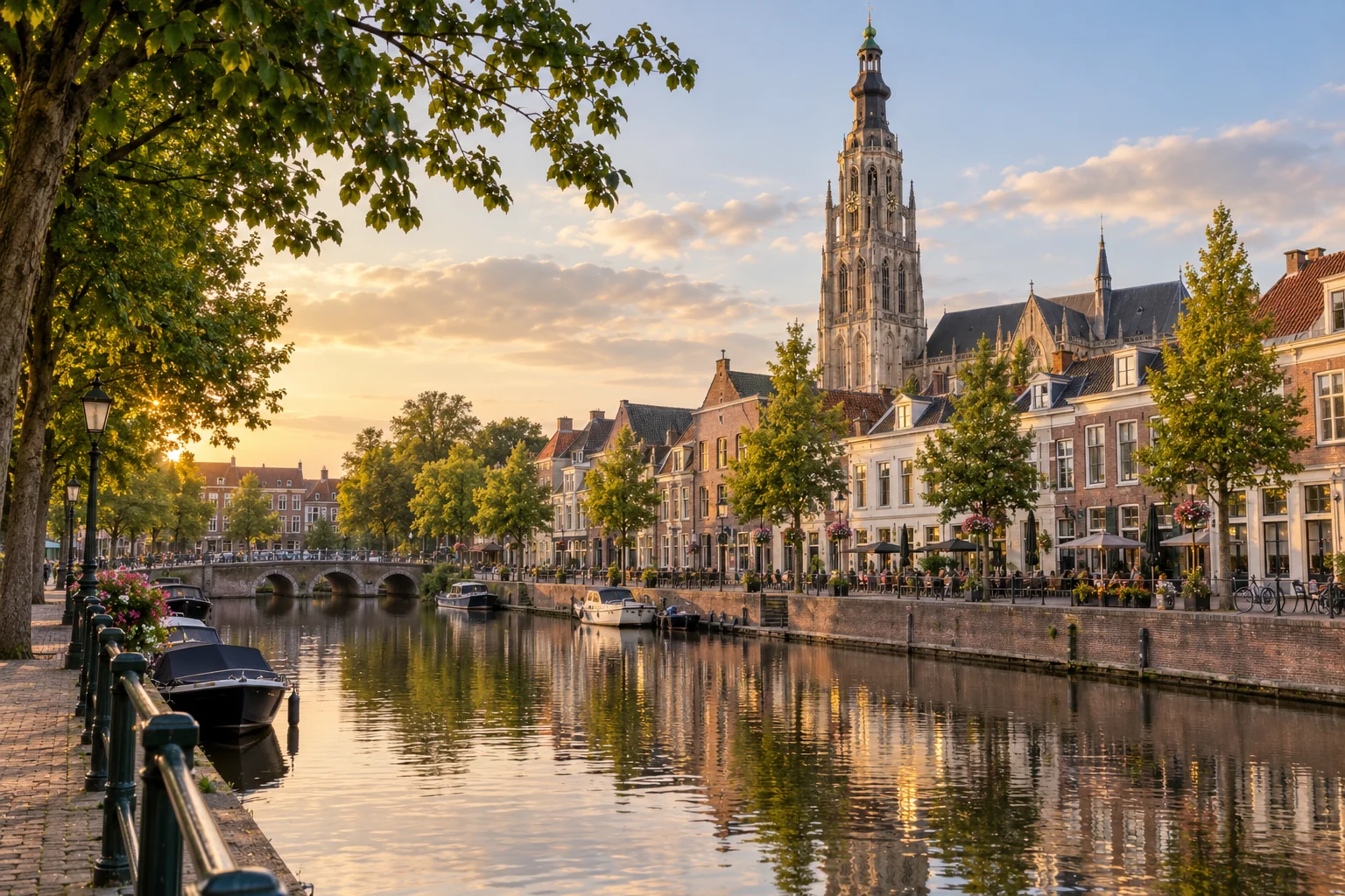 AI-gegenereerde stadsimpressie van Breda met de Singel en de Grote Kerk