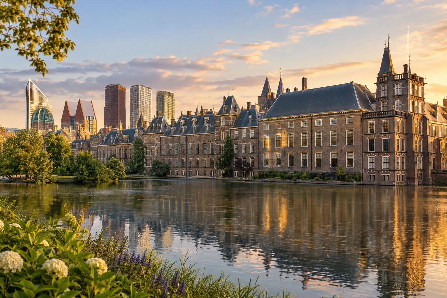 AI-gegenereerde stadsimpressie van Den Haag met het Binnenhof aan de Hofvijver