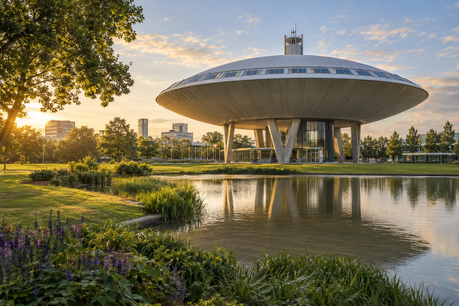 AI-gegenereerde stadsimpressie van Eindhoven met het Evoluon
