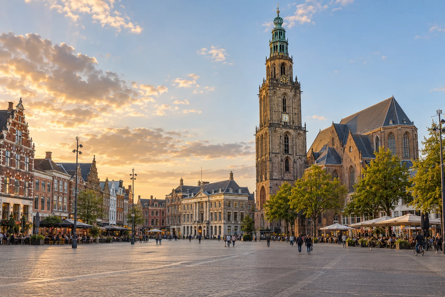 AI-gegenereerde stadsimpressie van Groningen met de Grote Markt en de Martinitoren