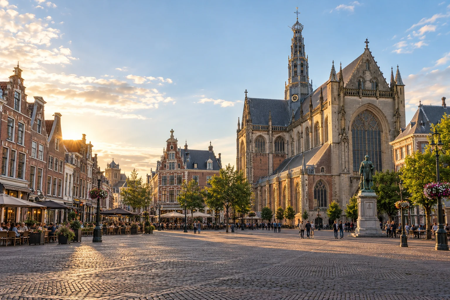 AI-gegenereerde stadsimpressie van Haarlem met de Grote Markt en de Grote Kerk