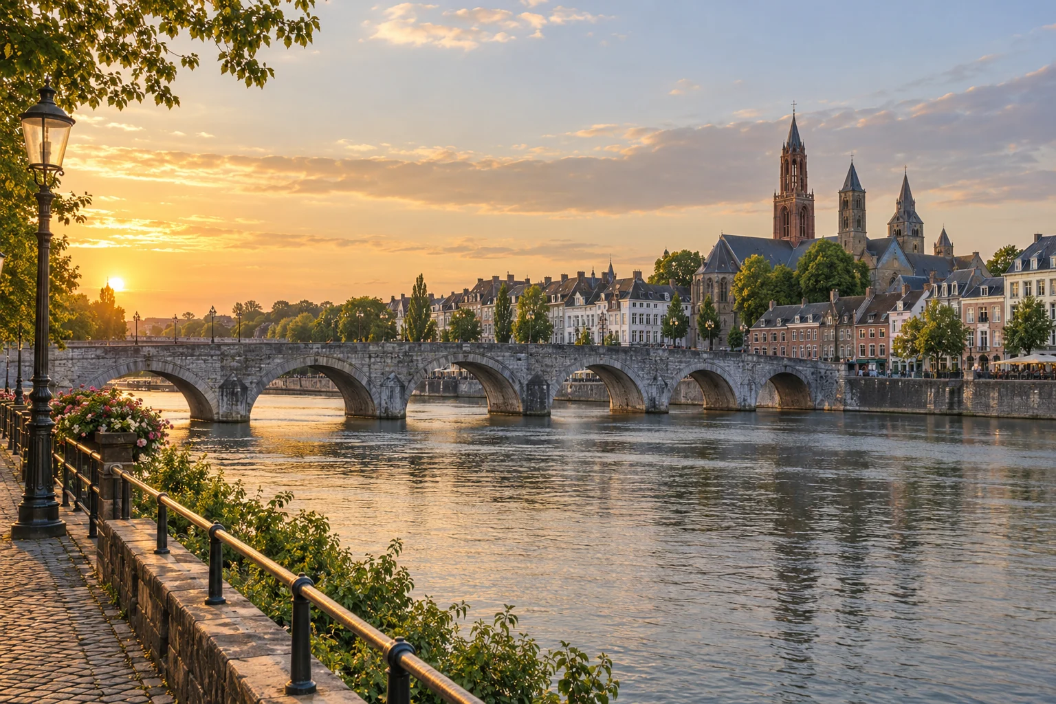 AI-gegenereerde stadsimpressie van Maastricht met de Sint Servaasbrug over de Maas
