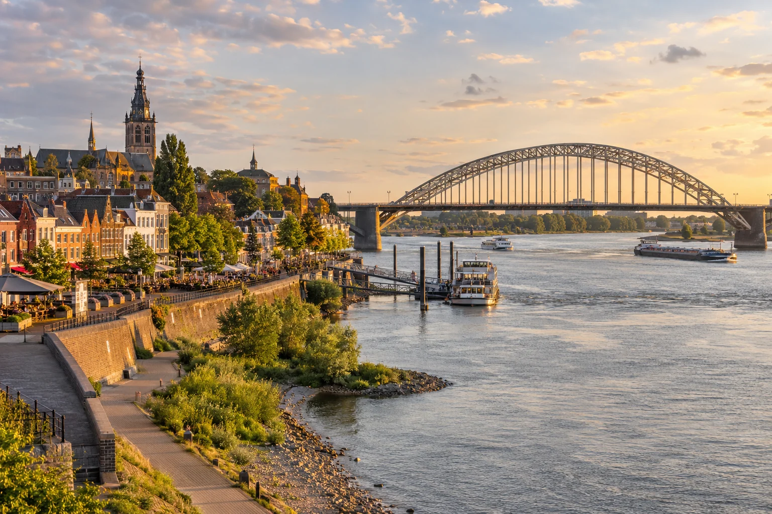 AI-gegenereerde stadsimpressie van Nijmegen met de Waalbrug en de Waal