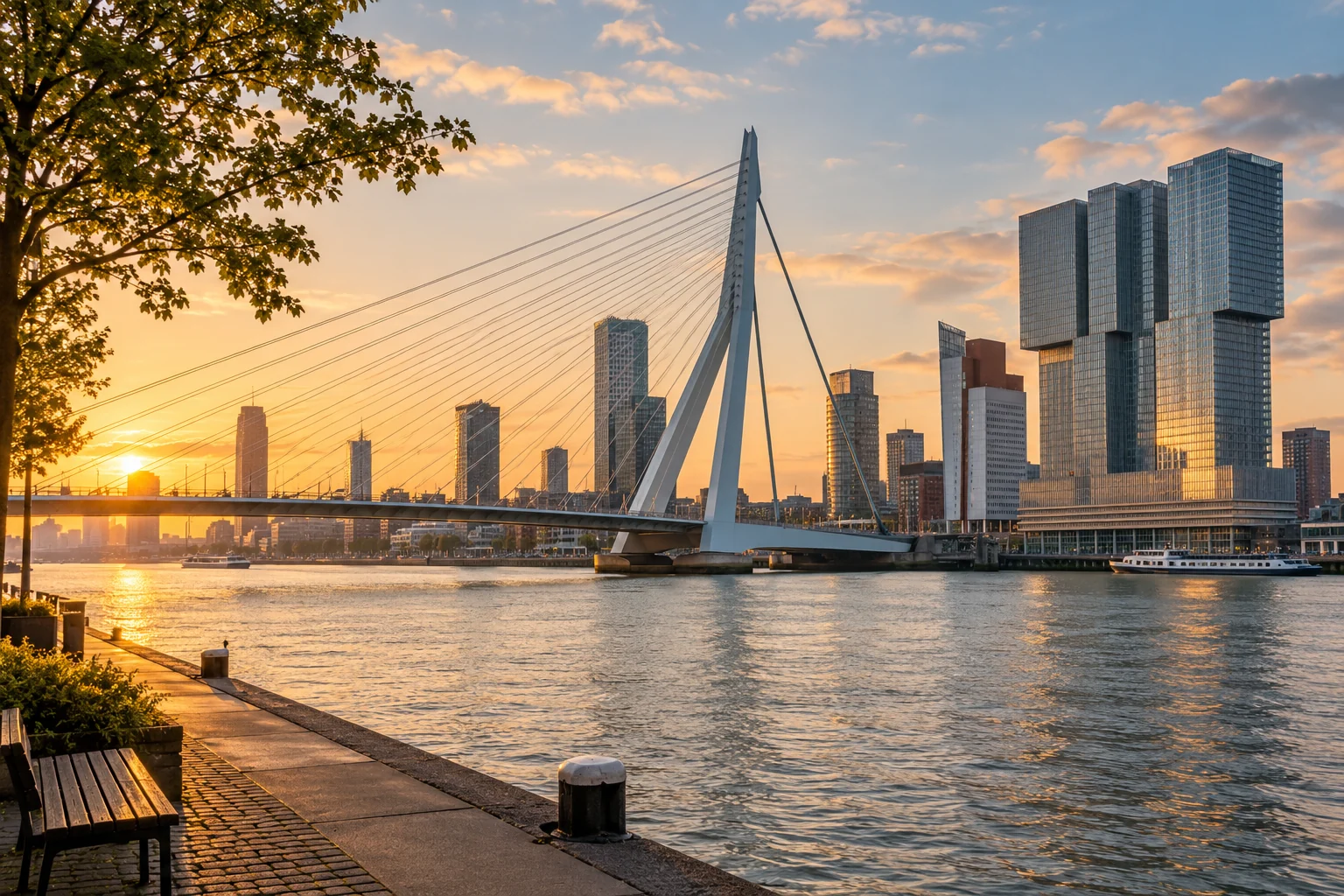 AI-gegenereerde stadsimpressie van Rotterdam met de Erasmusbrug en de moderne skyline