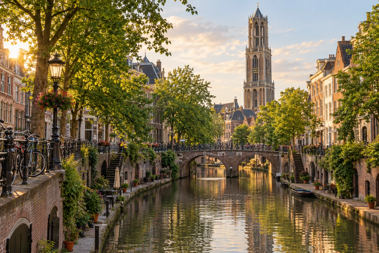 AI-gegenereerde stadsimpressie van Utrecht met de Oudegracht en de Domtoren